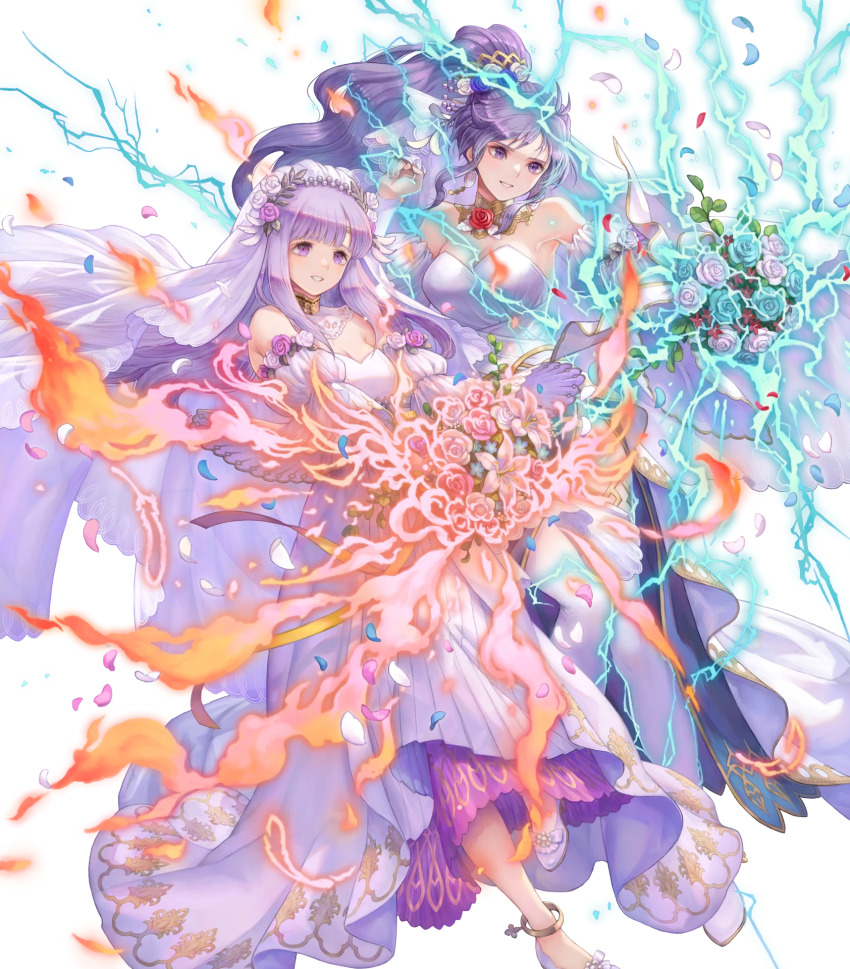 2girls attack bouquet breasts bridal_veil circlet cleavage dress fire fire_emblem fire_emblem:_genealogy_of_the_holy_war fire_emblem_heroes flower gloves hair_flower hair_ornament highres holding holding_bouquet ishtar_(bride)_(fire_emblem) ishtar_(fire_emblem) julia_(bride)_(fire_emblem) julia_(fire_emblem) lightning long_hair lonvanelk magic medium_breasts multiple_girls nintendo non-web_source official_alternate_costume official_art open_mouth petals ponytail purple_eyes purple_hair side_slit small_breasts smile thighhighs veil wedding_dress white_gloves