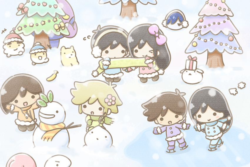 &gt;_o absurdres aubrey_(faraway)_(omori) aubrey_(omori) bangs_(omori) basil_(faraway)_(omori) basil_(omori) black_hair blue_scarf blush boss_(omori) bow box brown_hair brows_(omori) bun_(omori) christmas christmas_tree closed_mouth coat flying_sweatdrops gift gift_box green_scarf hair_bow happy_(omori) hero_(faraway)_(omori) hero_(omori) highres ice_skates ice_skating kel_(faraway)_(omori) kel_(omori) long_hair looking_at_another mari_(faraway)_(omori) mari_(omori) mittens nose_(omori) omori one_eye_closed open_mouth orange_scarf pink_bow purple_scarf scarf short_hair skates skating smile snow snowing sunny_(omori) wafu_(wafu39080)