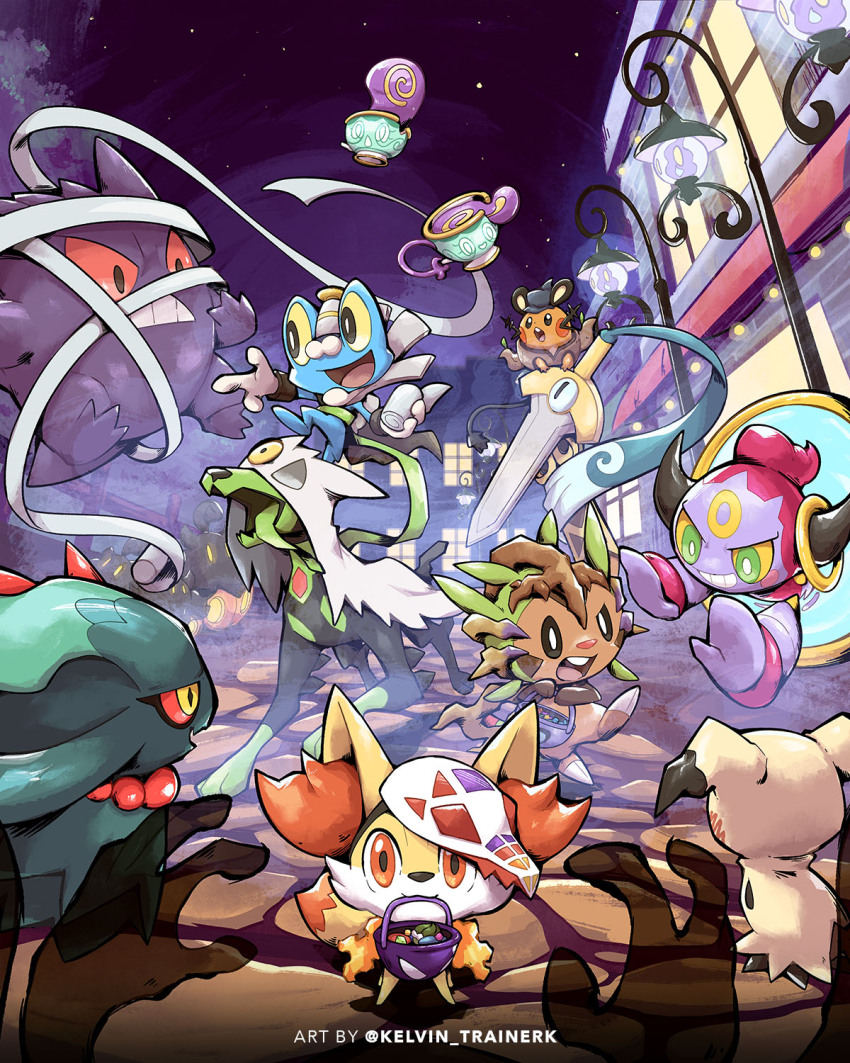 :d bandages building chespin clenched_teeth commentary dedenne fennekin flutter_mane froakie frown gen_1_pokemon gen_5_pokemon gen_6_pokemon gen_7_pokemon gen_8_pokemon gengar halloween_bucket highres honedge hoopa hoopa_(confined) kelvin-trainerk lampent legendary_pokemon mask mask_on_head mimikyu mouth_hold mythical_pokemon night nintendo no_humans open_mouth outdoors pokemon pokemon_(creature) sinistea sky smile teeth tongue twitter_username yellow_eyes zygarde zygarde_(10)