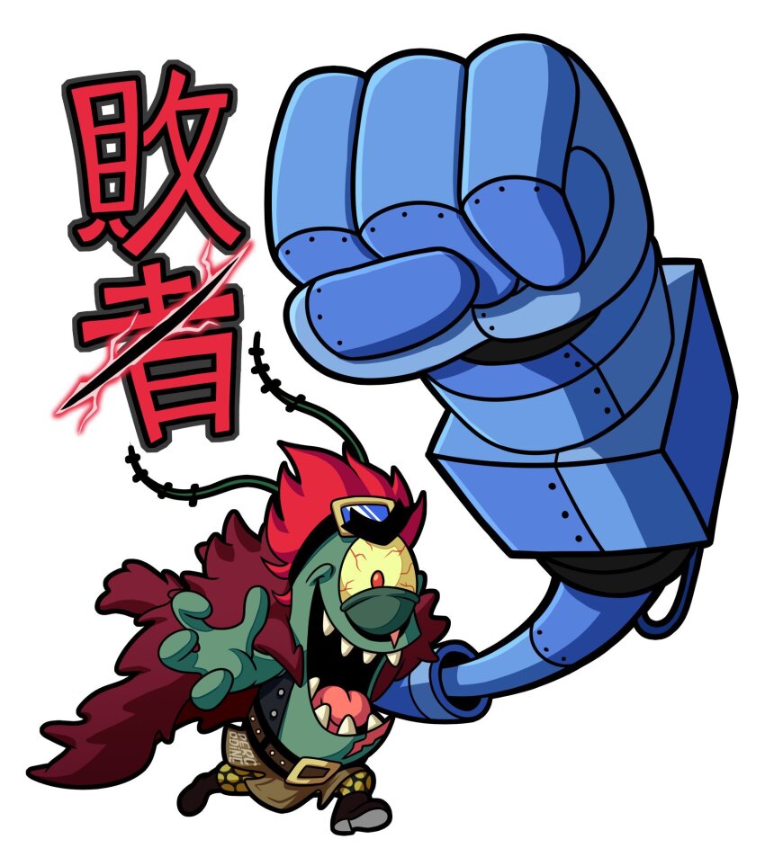 1boy cosplay crossover eustass_kid eustass_kid_(cosplay) highres mechanical_arms one-eyed one_piece open_mouth percodine plankton_(spongebob) red_hair simple_background single_mechanical_arm spongebob_squarepants_(series) teeth toon_(style) translation_request white_background yellow_eyes