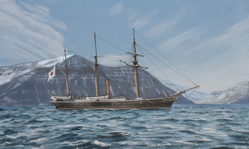 acrylic_paint_(medium) atelier_bono corvette highres imperial_japanese_navy japanese_flag mast military_vehicle mountainous_horizon no_humans ocean original painting_(medium) photoshop_(medium) ship sky smoke smokestack snow takaharu_(corvette) traditional_media vehicle_focus warship watercraft