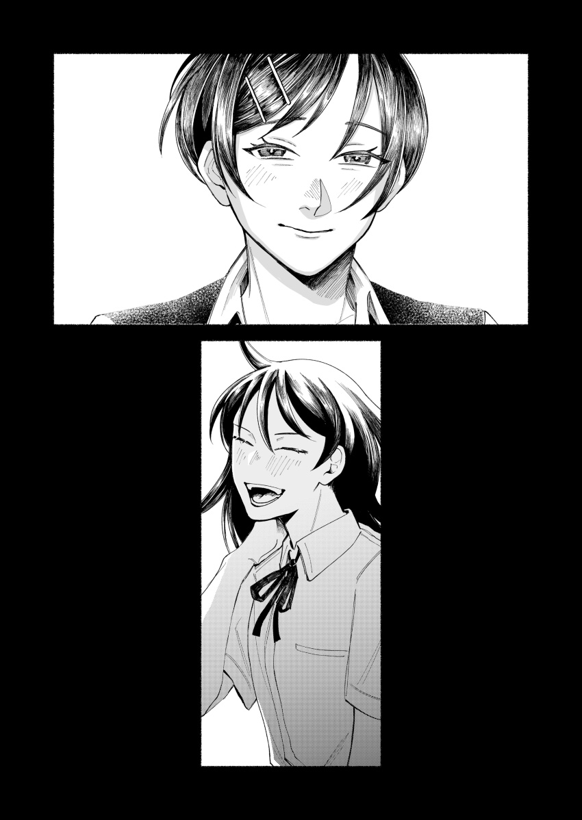 2girls :d absurdres ahoge blush breast_pocket closed_eyes collared_shirt dress_shirt futsuu_no_keion-bu greyscale hair_ornament hairpin hatono_chihiro highres kouyama_rin monochrome multiple_girls neck_ribbon open_mouth pixie_cut pocket portrait ribbon rindou_(rnd7120) school_uniform shirt short_hair short_sleeves smile sweater_vest upper_body wing_collar