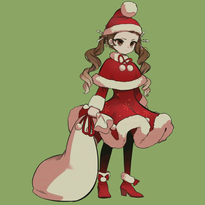 1girl anderson_m0311 boots brown_eyes brown_hair capelet commentary_request drill_hair expressionless full_body fur-trimmed_capelet fur_trim green_background hat highres holding holding_sack idolmaster idolmaster_cinderella_girls long_hair looking_to_the_side sack santa_costume santa_hat seki_hiromi simple_background solo twin_drills