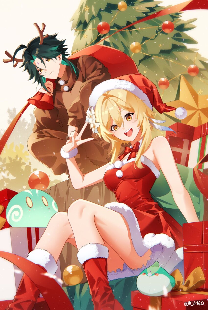 1boy 1girl anemo_slime_(genshin_impact) animal_costume antlers aqua_eyes black_hair blonde_hair blush bow bowtie box christmas christmas_tree closed_mouth deer_antlers deer_costume dress facial_mark flower forehead_mark genshin_impact gift gift_box hair_between_eyes hair_flower hair_ornament highres holding holding_sack horns jewelry jk_4140 long_hair long_sleeves looking_at_viewer lumine_(genshin_impact) multicolored_hair open_mouth red_bow red_bowtie red_dress reindeer_costume sack santa_costume santa_dress short_hair slime_(genshin_impact) smile v xiao_(genshin_impact) yellow_eyes
