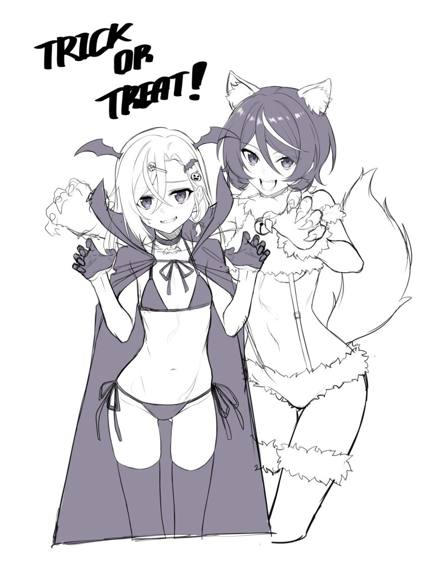 2girls :d animal_costume animal_ear_fluff animal_ears bat_hair_ornament bat_ornament bat_wings bell bikini black_cloak black_gloves black_thighhighs blush bob_cut bow breasts choker christina_brecht claw_pose claws cloak counter:side cropped_legs crossed_bangs elbow_gloves english_text eyebrows_hidden_by_hair fangs flat_chest food-themed_hair_ornament fur-trimmed_gloves fur-trimmed_thighhighs fur_bikini fur_collar fur_trim gloves grey_eyes grin hair_behind_ear hair_between_eyes hair_bow hair_ornament half_gloves halloween halloween_costume head_wings high_collar highres jingle_bell light_blush looking_at_viewer medium_breasts midriff monochrome multicolored_hair multiple_girls navel neck_bell nervous_smile open_mouth parted_bangs pumpkin_hair_ornament revenant_(counter:side) short_hair side-tie_bikini_bottom side_ponytail simple_background sketch skull_hair_ornament smile streaked_hair supernew suspenders sweatdrop swimsuit swimsuit_under_clothes tail thighhighs trick_or_treat underboob vampire_costume white_background white_thighhighs wings wolf_costume wolf_ears wolf_tail