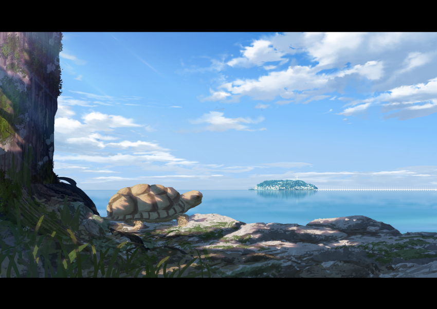 absurdres animal animal_focus blue_sky cloud dappled_sunlight day highres horizon island moss no_humans ocean original outdoors plant_roots scenery sky sumassha_t_t sunlight tortoise tree turtle