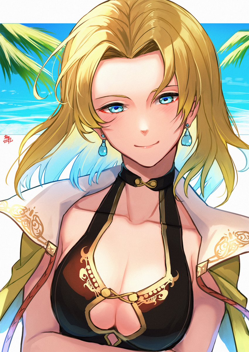 1girl beach blonde_hair blue_eyes blue_hair breasts cleavage closed_mouth earrings fire_emblem fire_emblem:_the_sacred_stones fire_emblem_heroes gradient_hair hair_intakes highres jewelry looking_at_viewer medium_breasts multicolored_hair nakabayashi_zun nintendo ocean parted_bangs selena_(fire_emblem:_the_sacred_stones) selena_(summer)_(fire_emblem:_the_sacred_stones) short_hair smile solo swimsuit swimsuit_under_clothes