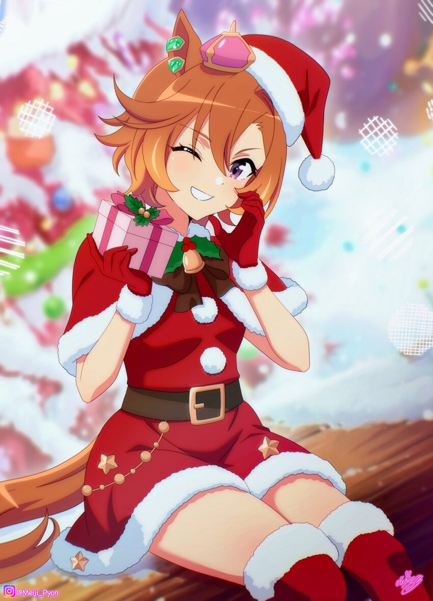 1girl animal_ears belt blush bow box breasts brown_belt brown_bow capelet christmas christmas_present crown dress ear_ornament fur-trimmed_capelet fur-trimmed_dress fur-trimmed_gloves fur-trimmed_headwear fur-trimmed_thighhighs fur_trim gift gift_box gloves hair_between_eyes hat highres holding holly horse_ears horse_girl horse_tail looking_at_viewer meiji_(kurumierika) mini_crown one_eye_closed open_mouth orange_hair orange_tail pink_crown purple_eyes red_capelet red_dress red_gloves red_hat red_thighhighs santa_costume santa_dress santa_hat short_hair sitting smile snow snowflakes solo t.m._opera_o_(umamusume) tail thighhighs umamusume