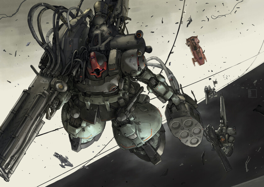 beam_cannon cable damaged debris dirty dom_(mobile_suit) gundam machinery mecha mecha_focus missile_pod mobile_suit mobile_suit_gundam no_humans one-eyed original panzerfaust purple_eyes red_ace redesign rick_dom robot science_fiction space_habitat spacecraft thrusters vernier_thrusters zeon