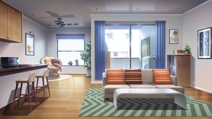 balcony ball_chair bar_chair book book_stack cabinet carpet ceiling_fan ceiling_light clothes_hanger clothesline couch day drawer hanging_plant highres indoors living_room microwave no_humans non-web_source official_art our_life our_life:_beginnings_and_always photo_(object) pillow plant potted_plant rug scenery table variant_set washing_machine window_light wooden_floor