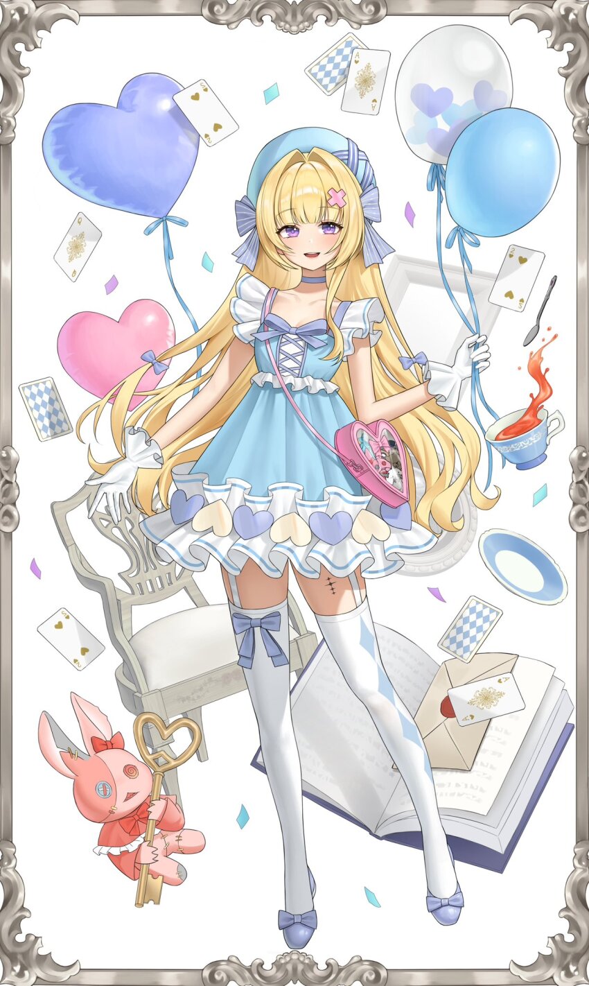 1girl alternate_costume balloon blonde_hair blue_bow blue_choker blue_dress blue_hat book bow breasts card chair choker collarbone commentary dang_geun23283 dress envelope full_body gloves hair_bow hair_intakes hair_ornament hat highres holding holding_balloon holding_key key light_blush long_hair looking_at_viewer multiple_hair_bows open_book open_mouth phoebe_(wuthering_waves) plate playing_card purple_eyes small_breasts smile solo tacet_discord_(wuthering_waves) tacet_mark_(wuthering_waves) thighhighs thighs very_long_hair white_background white_gloves white_thighhighs wuthering_waves x_hair_ornament