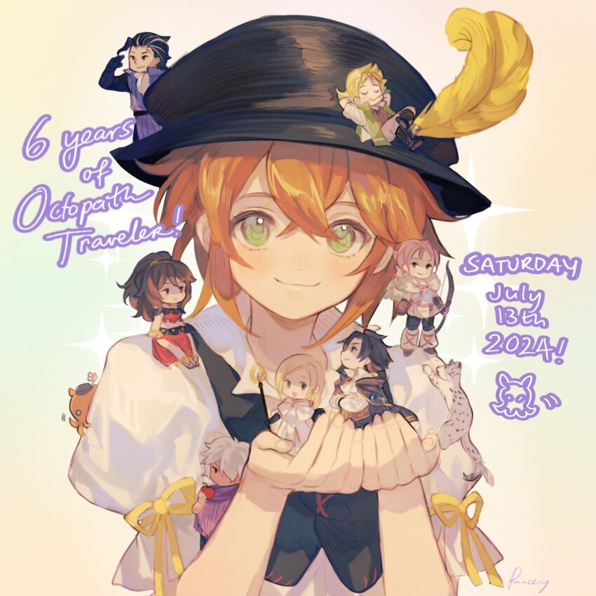 4boys 4girls alfyn_greengrass aubz blonde_hair blush braid braided_ponytail chibi cloak cyrus_albright dancer everyone fringe_trim green_eyes h&#039;aanit_(octopath_traveler) hat highres jewelry leopard multiple_boys multiple_girls octopath_traveler octopath_traveler_i olberic_eisenberg ophilia_clement ponytail primrose_azelhart short_hair simple_background smile snow_leopard therion_(octopath_traveler) tressa_(octopath_traveler) tressa_colzione