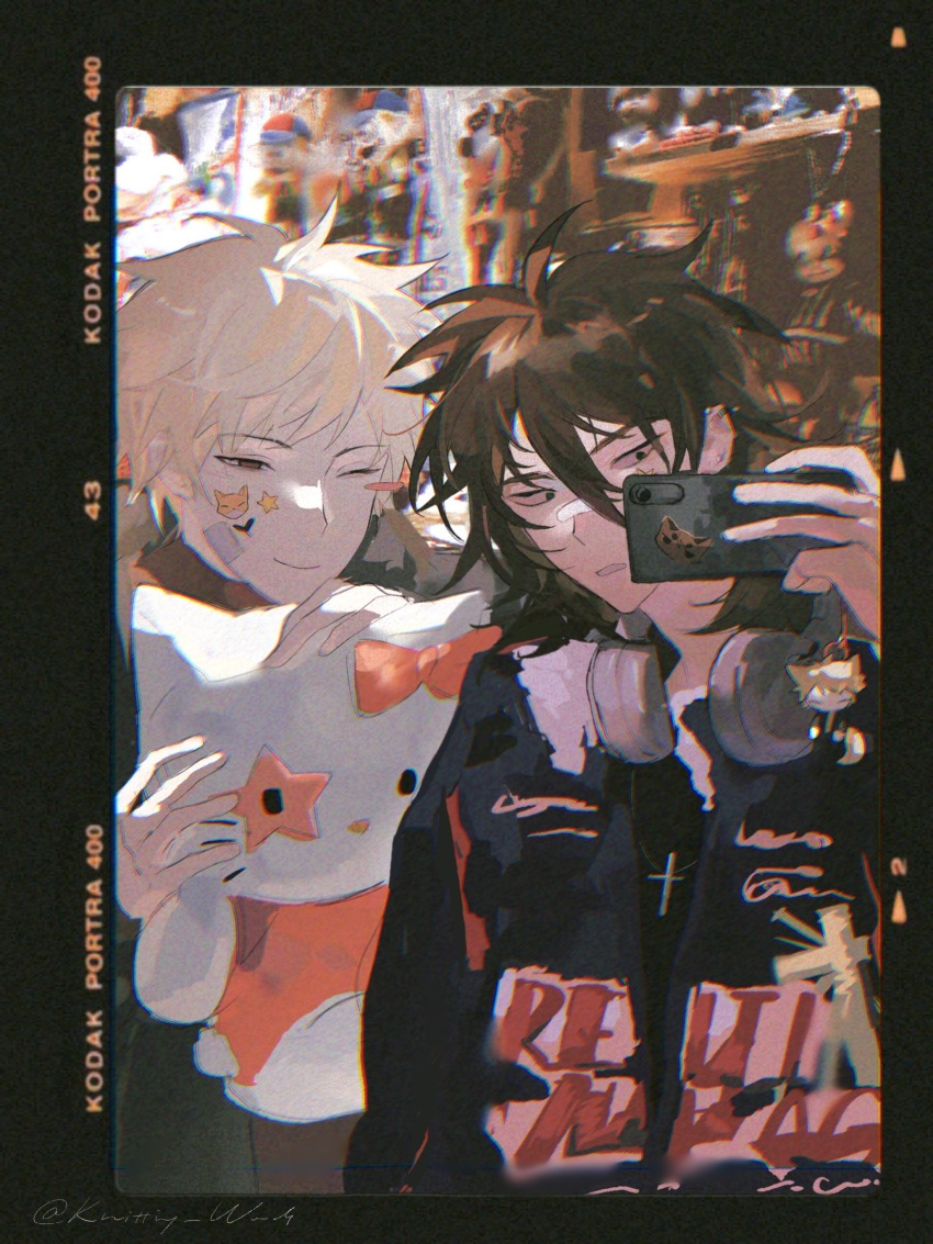 2boys atou_haruki black_jacket black_shirt blonde_hair brown_hair cellphone character_doll chinese_commentary chromatic_aberration closed_mouth commentary_request doll film_grain hair_between_eyes hello_kitty hello_kitty_(character) highres holding holding_phone holding_stuffed_toy isoi_reiji jacket male_focus medium_hair multiple_boys one_eye_closed open_clothes open_jacket phone red_eyes saibou_shinkyoku sanrio shirt short_hair smartphone smile sticker_on_face stuffed_animal stuffed_toy upper_body zhiyanpianyu55126