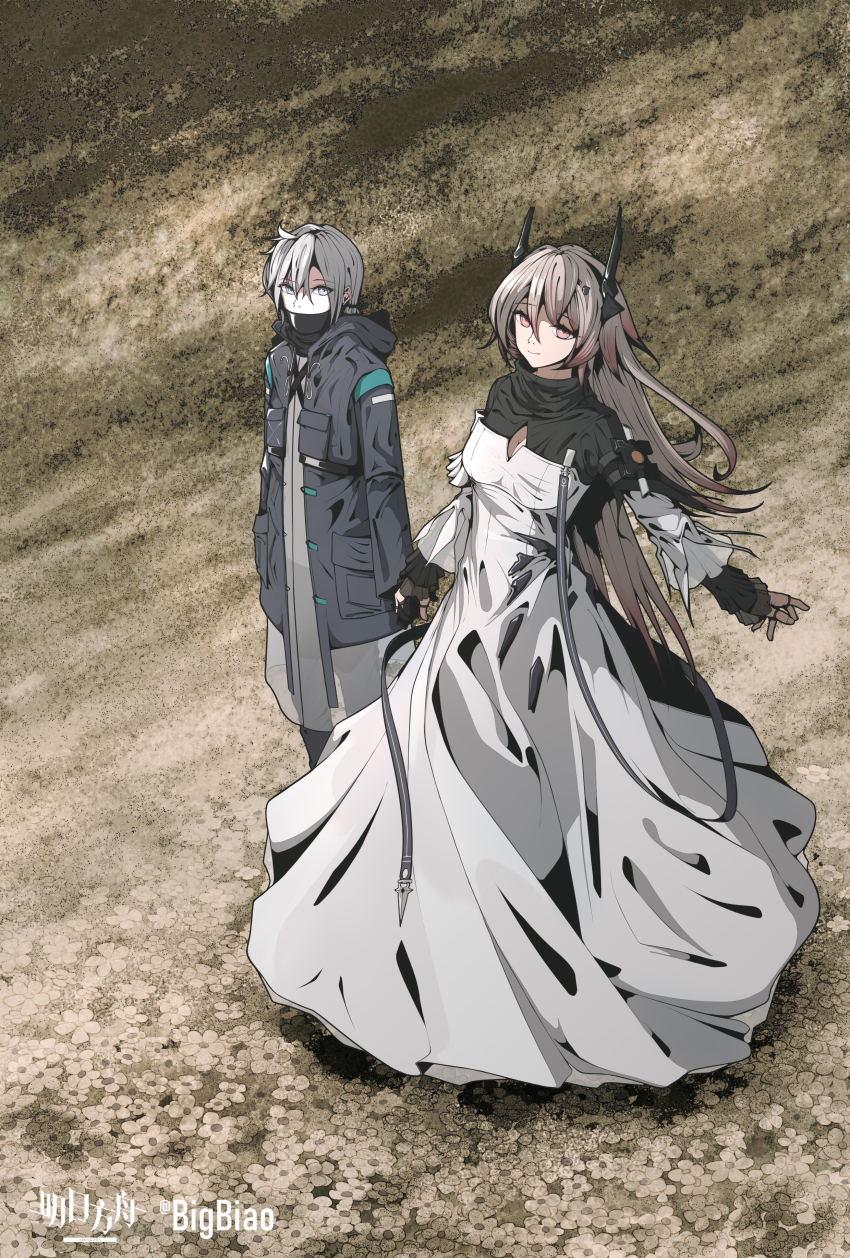 1girl 1other absurdres ambiguous_gender arknights artist_name bigbiao black_dress black_gloves black_horns black_jacket cleavage_cutout clothing_cutout demon_horns doctor_(arknights) dress gloves grey_eyes highres holding_hands horns jacket long_hair looking_at_viewer pink_eyes pink_hair see-through_clothes short_hair theresa_(arknights) two-tone_dress white_dress white_hair