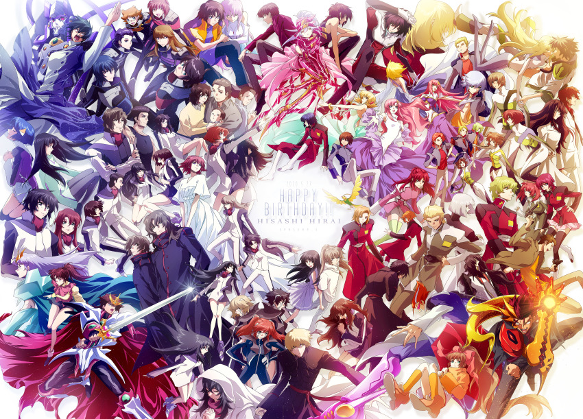 6+boys 6+girls absurdres aiba_kouji aiba_yuuki aizawa_tokito asagi_toshikazu athrun_zala auel_neider beast_warriors_gulkeeva black_hair blonde_hair blue_hair brown_hair cagalli_yula_athha canon_memphis character_age character_request couple creator_connection crossover dated dearka_elsman deianeira dual_wielding everyone flay_allster giniro_no_olynssis gun gundam gundam_seed gundam_seed_destiny hayase_kouichi heroic_age highres hitachi_izuru holding holding_gun holding_sword holding_weapon huge_filesize irie_tamaki kazuma_(scryed) kira_yamato kugimiya_kei kurogane_no_linebarrel kuroki_ange lacus_clyne lunamaria_hawke majestic_prince makabe_kazuki mecha_pilot_suit meer_campbell meyrin_hawke minashiro_orihime minashiro_soushi minashiro_tsubaki mugen_no_ryvius multiple_boys multiple_crossover multiple_girls nicol_amafli open_mouth real_life rey_za_burrel roku_(gansuns) ryuhou scryed shinn_asuka soukyuu_no_fafner stellar_loussier sunrise_stance suruga_ataru sword synergetic_suit tea_(giniro_no_olynssis) toomi_maya torii_(gundam) weapon white_hair yzak_joule