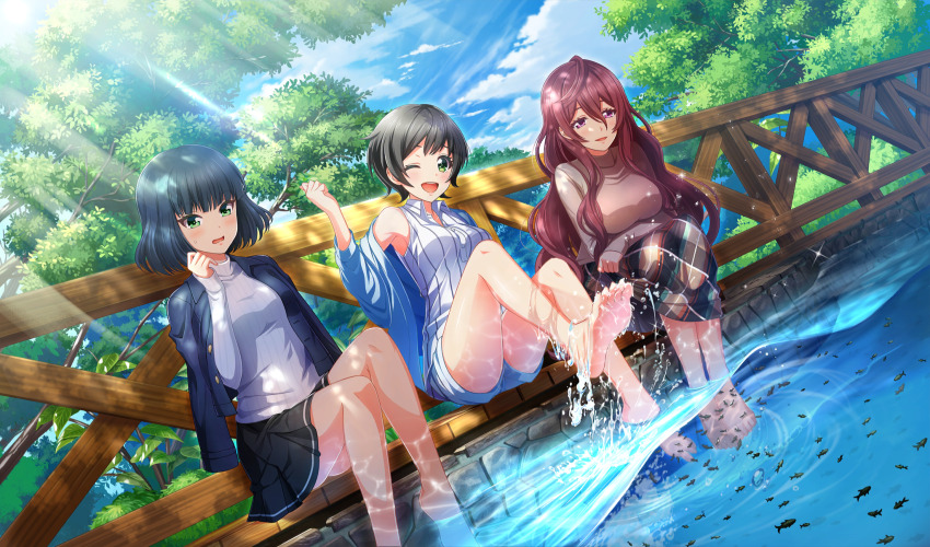 3girls barefoot black_hair black_skirt blunt_bangs cinderella_series cloud collared_shirt dutch_angle fish game_cg green_eyes hachigatsu_no_cinderella_nine hair_between_eyes highres honjo_chikage jacket jacket_on_shoulders kawakita_tomoe light_rays long_hair lonklink multiple_girls non-web_source official_art one_eye_closed open_mouth outdoors pleated_skirt purple_eyes purple_hair railing shirt short_hair shorts sitting skirt sky sleeveless sleeveless_shirt sparkle splashing striped_clothes striped_shirt sunbeam sunlight suzuki_waka sweatdrop sweater teeth tree upper_teeth_only vertical-striped_clothes vertical-striped_shirt very_long_hair wading water wavy_hair white_shorts white_sweater wooden_railing