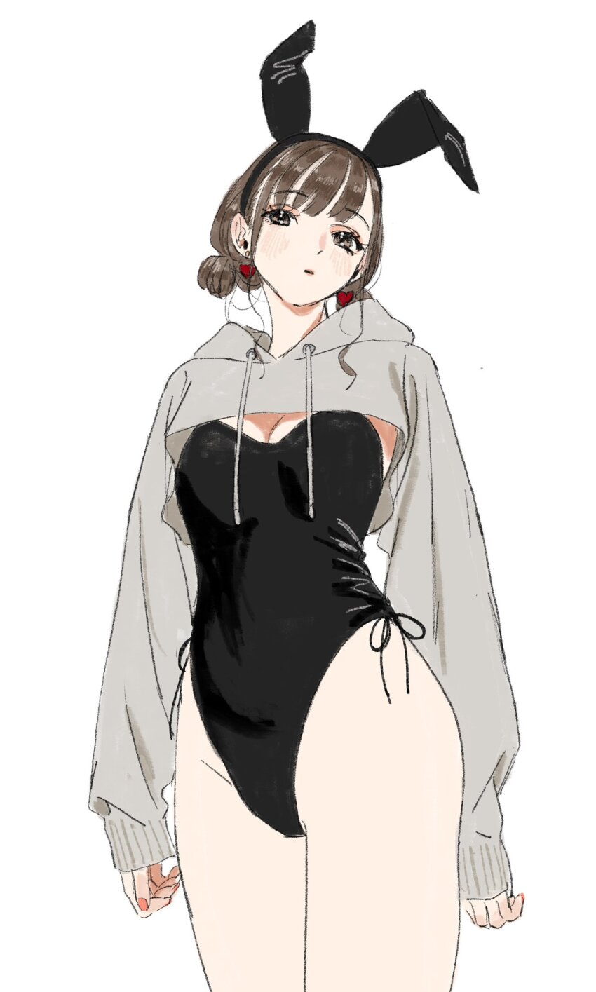 1girl animal_ear_headband animal_ears ass black_leotard breasts brown_eyes brown_hair brown_hoodie cleavage clothes_lift cowboy_shot double_bun earrings fake_animal_ears fake_tail full_body gomibako_(gomibako_price) hair_bun heart heart_earrings high_heels highleg highleg_leotard highres hood hoodie hoodie_lift jewelry leotard long_sleeves looking_at_viewer loose_hair_strand original pink_lips pink_nails playboy_bunny rabbit_ears rabbit_tail red_footwear seiza sidelocks simple_background sitting sleeves_past_wrists solo tail thighs white_background