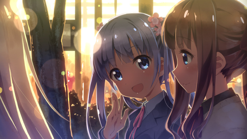 3girls brown_hair business_suit closed_mouth debtmiser female_focus formal_clothes long_hair long_sleeves looking_at_viewer multiple_girls new_game! open_mouth outdoors purple_hair smile standing suit suzukaze_aoba takimoto_hifumi tree yagami_kou