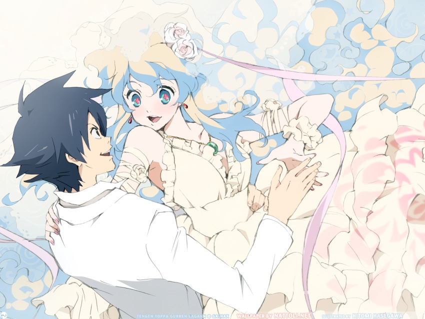 +_+ 00s 1boy 1girl blue_hair bridal_veil bride couple cross-shaped_pupils curly_hair dress earrings flower frills gathers hair_flower hair_ornament happy hasegawa_hitomi hetero highres hitomi_hasegawa jewelry long_hair multicolored_hair nail_polish necklace nia_teppelin pink_nails simon_(ttgl) smile symbol-shaped_pupils tengen_toppa_gurren_lagann tuxedo veil very_long_hair watermark wedding wedding_dress