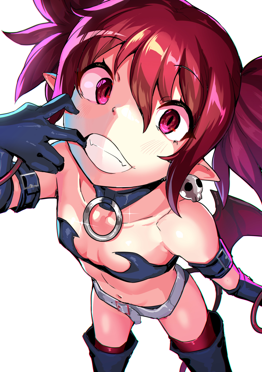 1girl absurdres belt breasts cheek_pull choker clenched_teeth demon_girl demon_tail demon_wings disgaea earrings elbow_gloves etna_(disgaea) fangs gloves highres inago jewelry looking_at_viewer makai_senki_disgaea navel o-ring o-ring_choker pointy_ears red_eyes red_hair red_tail red_wings simple_background skull_earrings small_breasts solo tail teeth twintails white_background wings