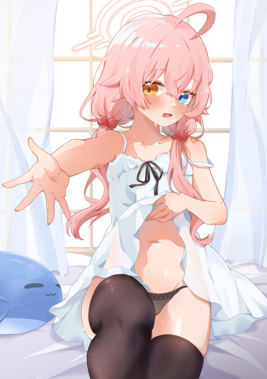 1girl 8_nana_usagi ahoge alternate_costume black_panties black_thighhighs blue_archive breasts chemise halo heterochromia highres hoshino_(blue_archive) huge_ahoge inflatable_toy inflatable_whale lifting_own_clothes looking_at_viewer low_twintails navel nightgown outstretched_arm panties pink_hair pink_halo small_breasts spaghetti_strap stomach strap_slip sweat thighhighs thighs twintails underwear white_chemise