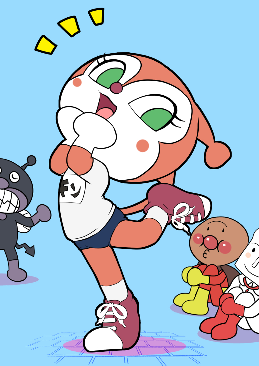 1girl 3boys alternate_costume anpanman anpanman_(character) baikinman blue_background blue_buruma blush blush_stickers buruma character_name clothes_writing colored_skin dokin-chan female_focus flat_chest full_body green_eyes gym_uniform hand_to_own_mouth hands_up happy highres japanese_text knees_up leg_up legs looking_at_another looking_to_the_side multicolored_skin multiple_boys notice_lines oira_wa_arumajiro open_mouth own_hands_together pink_skin red_footwear shirt shoes shokupanman short_sleeves simple_background sitting smile sneakers socks solo_focus standing standing_on_one_leg translated two-tone_skin white_shirt white_skin white_socks