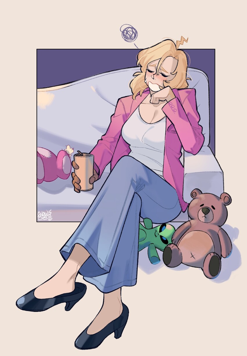 1girl artist_name blue_pants blush border breasts can cleavage closed_eyes commission couch dated full_body hand_up high_heels highres holding holding_can jacket lightning_ahoge long_sleeves medium_breasts open_mouth original outside_border pants pink_jacket sitting snowcie solo stuffed_animal stuffed_toy sweatdrop teddy_bear