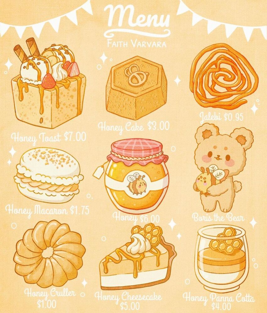 :&lt; artist_name bear bee black_eyes blush_stickers bubble bug cake cake_slice cheesecake chocolate_chip cinnamon_stick closed_mouth commentary donut english_commentary english_text faith_varvara food food_focus french_cruller frown fruit garland_(decoration) glass highres honey honey_toast honeycomb_(object) ice_cream insect jar looking_at_viewer macaron menu no_humans open_mouth original pannacotta price price_tag simple_background smile solid_circle_eyes sparkle strawberry strawberry_slice whipped_cream yellow_background yellow_theme
