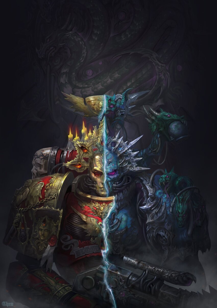 1boy adeptus_astartes alpha_legion armor blood blood_angels bloody_tears bolter chalice chaos_(warhammer) chaos_space_marine chenart12 cup full_armor full_body gun helmet heterochromia highres holding holding_gun holding_weapon looking_at_viewer male_focus pauldrons purple_eyes red_eyes shoulder_armor skull skull_ornament solo space_marine tears transformation upper_body warhammer_40k wax_seal weapon