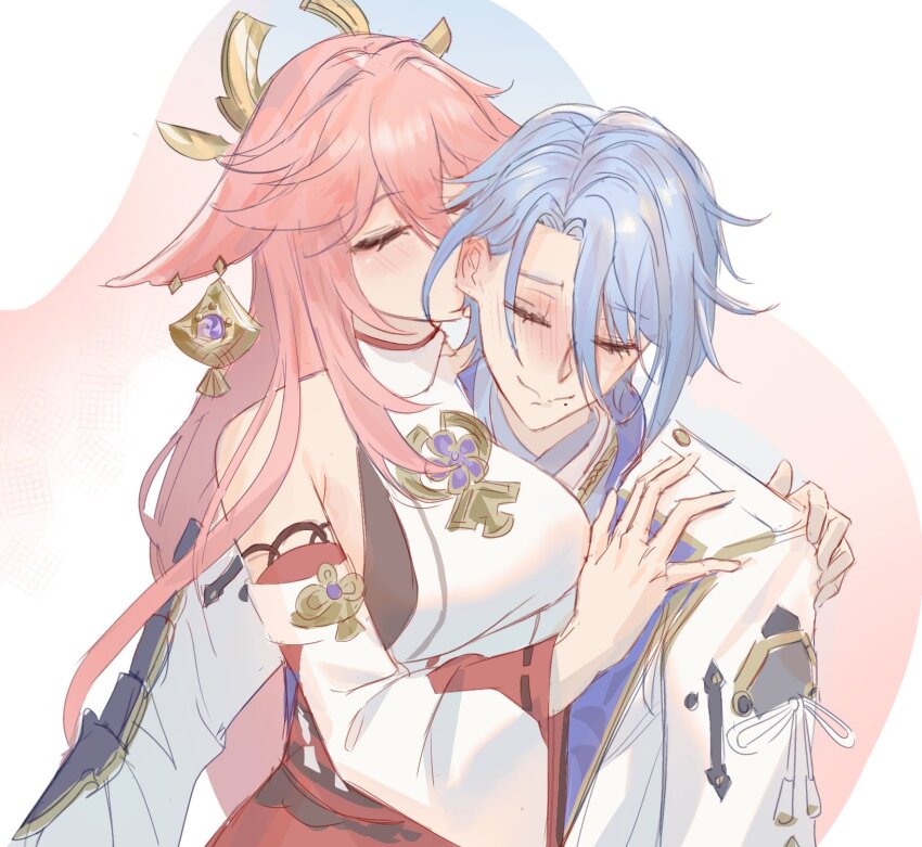 1boy 1girl animal_ears armor bare_shoulders blue_hair blush closed_eyes closed_mouth couple detached_sleeves ear_blush ear_piercing earrings electro_symbol_(genshin_impact) eyelashes floppy_ears fox_ears genshin_impact gnarlypzofbread hair_between_eyes hair_intakes hair_ornament han&#039;eri hands_on_another&#039;s_shoulders head_tilt hetero highres jacket japanese_armor japanese_clothes jewelry kamisato_ayato kimono kissing_ear lapels layered_clothes layered_kimono leaning_on_person light_blue_hair long_hair mitsudomoe_(shape) mole mole_under_mouth nontraditional_miko open_clothes open_hand open_jacket parted_bangs piercing pink_fur pink_hair purple_kimono pursed_lips red_sleeves single_sode tassel tomoe_(symbol) vision_(genshin_impact) white_background white_jacket white_kimono white_sleeves wide_sleeves yae_miko