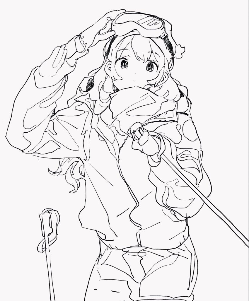 1girl aikatsu! aikatsu!_(series) cowboy_shot goggles goggles_on_head greyscale highres holding_ski_pole hoshimiya_ichigo jacket long_hair long_sleeves looking_at_viewer mittens monochrome pants scarf simple_background ski_goggles ski_pole solo standing suiso_(owp) white_background winter_clothes