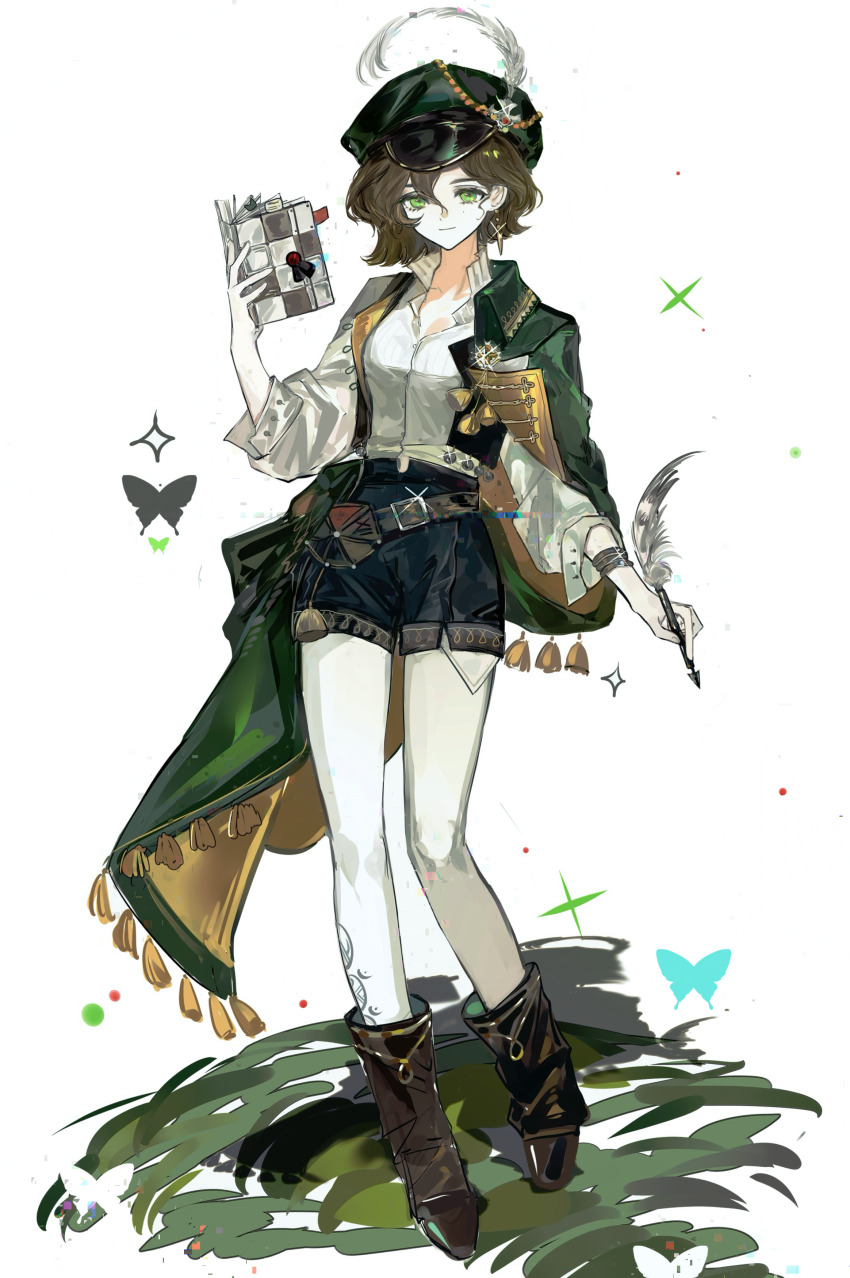 1girl absurdres black_shorts black_vest boots brown_boots brown_hair bug butterfly cabbie_hat cape full_body grass green_cape green_eyes green_hat hair_between_eyes hand_up hat hat_feather highres holding holding_notebook holding_quill insect long_sleeves looking_at_viewer notebook open_clothes open_vest pantyhose quill recoleta_(reverse:1999) reverse:1999 shirt short_hair short_shorts shorts side_cape smile solo standing vest weiyan_(nbnbmwnl) white_background white_pantyhose white_shirt