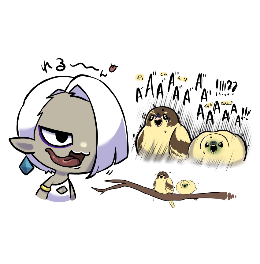 1boy :3 absurdres animal bare_shoulders bilingual_text bird black_eyes blue_gemstone chibi cleavage_cutout clothing_cutout cropped_torso earrings eyeliner gem ghirahim hair_over_one_eye half-closed_eyes happy highres japanese_text jewelry licking_lips long_tongue makeup male_focus mixed-language_text multiple_views nintendo one_eye_covered open_mouth pointy_ears purple_eyeliner s_(esumi_kihomaru) scared screaming shirt short_hair simple_background single_strap smile sweat talking tears the_legend_of_zelda the_legend_of_zelda:_skyward_sword tongue tongue_out translation_request trembling turn_pale upper_body white_background white_hair white_shirt