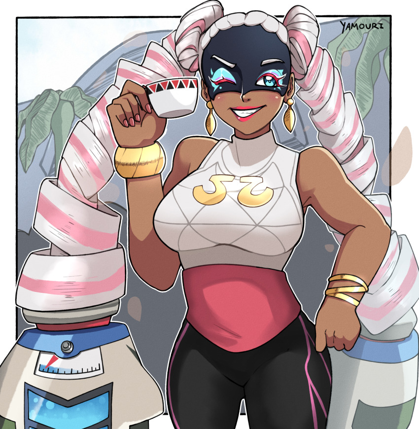 1girl arms_(game) bare_shoulders blue_eyes breasts dark-skinned_female dark_skin earrings highres jewelry large_breasts lips long_hair mask nail_polish one_eye_closed pants sleeveless twintelle_(arms) very_long_hair yamouri