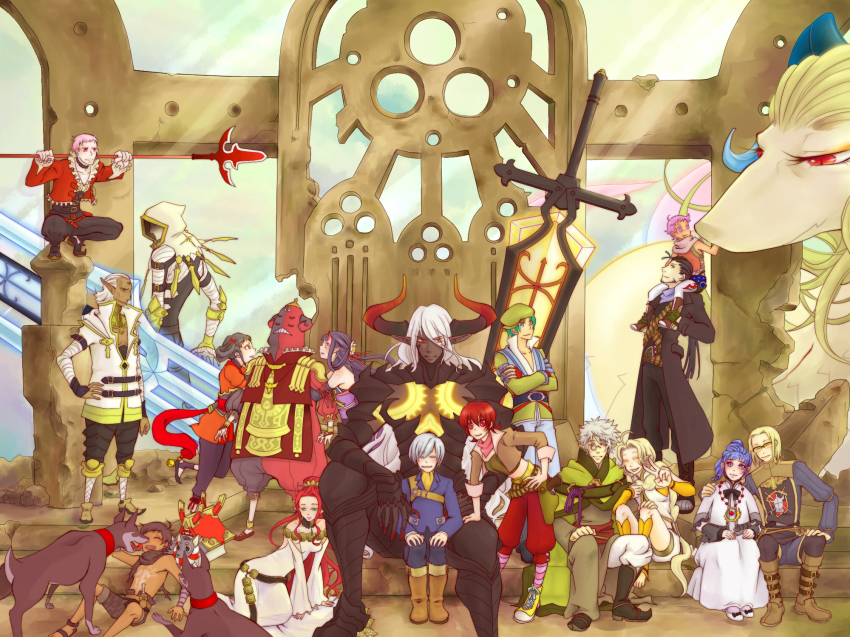 6+boys 6+girls ^_^ albert_grandeioza albino alfa_system ange_serena anklet armor asras asura_(tales) bare_shoulders beard belt ber beret black_hair blonde_hair blue_hair bodysuit boots bow cape carrying cartridge cer cerberus_(tales_of_innocence) chien_(tales_of_innocence) chitose_charma chitose_cxarma choker closed_eyes coat creature crossed_arms dark_skin detached_sleeves dog dress dual_persona durandal_(tales) durandal_(tales_of_innocence) emblem everyone facial_hair frills full_body gae_bolg_(tales_of_innocence) gaebolg gardel glasses gloves green_eyes green_hair hair_ornament hairpin hand_on_own_hip hand_on_shoulder happy hasta_ekstermi hat height_difference helmet hermana_larmo high_ponytail highres himmel_(keine_haare) himmel_(tales) horns hug hypnos inanna inanna_(tales) iria_animi jewelry knee_boots kneeling long_hair mathias_(tales) mathias_(tales_of_innocence) messy_hair multiple_boys multiple_girls necklace orifiel orifiel_(tales) pants pantyhose piggyback pince-nez pink_hair pink_legwear pointy_ears polearm ponytail purple_hair red_eyes red_hair ribbon ricardo_soldato ruca_milda sakaya_(tales_of_innocence) sakuya_(tales_of_innocence) scarf shoes short_hair shorts sidelocks sitting socks spada_belforma spear squatting striped_clothes striped_legwear striped_socks sword tales_of_(series) tales_of_innocence tattoo third_eye topless_male v very_long_hair vrtra_(final_fantasy) vrtra_(tales) weapon white_hair white_legwear yurano_beta