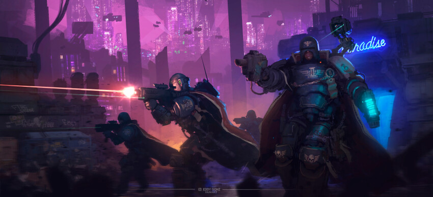 adeptus_arbites armor artist_name bald battle blue_armor breastplate cape chain city city_lights cityscape directed-energy_weapon eddygonzlezdvila energy energy_beam energy_gun energy_weapon full_armor full_body gauntlets graffiti greaves gun helmet highres hive_city holding holding_weapon hover_vehicle hovercraft imperium_of_man instagram_logo laser laser_gun laser_pointer laser_sight laser_weapon lasgun megastructure neon_lights ornate ornate_armor pauldrons plasma_pistol power_armor purity_seal red_cape shoulder_armor spacecraft standing warhammer_40k watercraft weapon