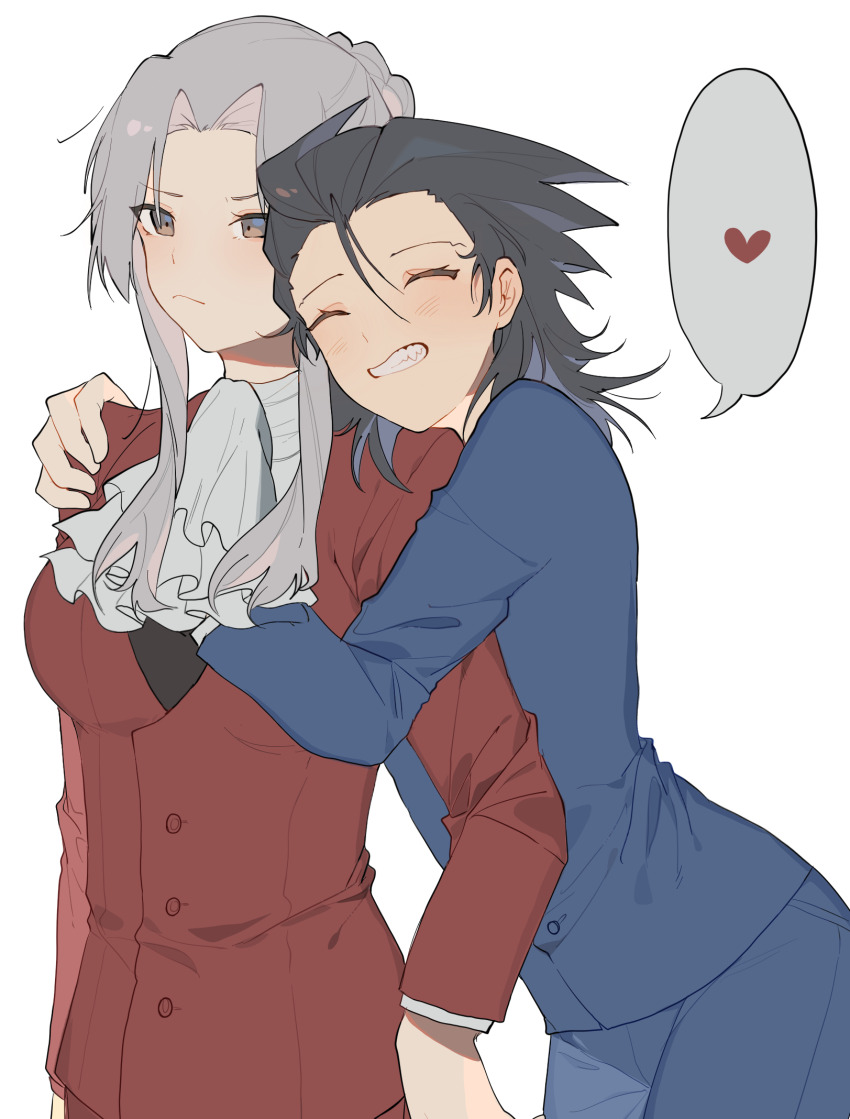 2girls ace_attorney ascot black_hair blue_suit blush breasts closed_eyes formal_clothes genderswap genderswap_(mtf) grey_eyes grey_hair hand_on_another&#039;s_chest hand_on_another&#039;s_shoulder heart highres hug jacket koiryuuga miles_edgeworth multiple_girls office_lady phoenix_wright red_suit short_hair smile speech_bubble spiked_hair spoken_heart suit suit_jacket updo yuri