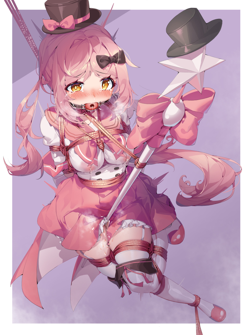 1girl absurdres aiza-ku arms_behind_back ball_gag bdsm blush bondage bound bound_arms bound_legs breast_bondage breasts brown_eyes gag gagged hat highres long_hair looking_at_viewer mage_staff medium_breasts pink_hair pleated_skirt pussy_juice restrained sailor_collar school_uniform serafuku shibari skindentation skirt staff_riding suspension thighhighs very_long_hair white_thighhighs zettai_ryouiki