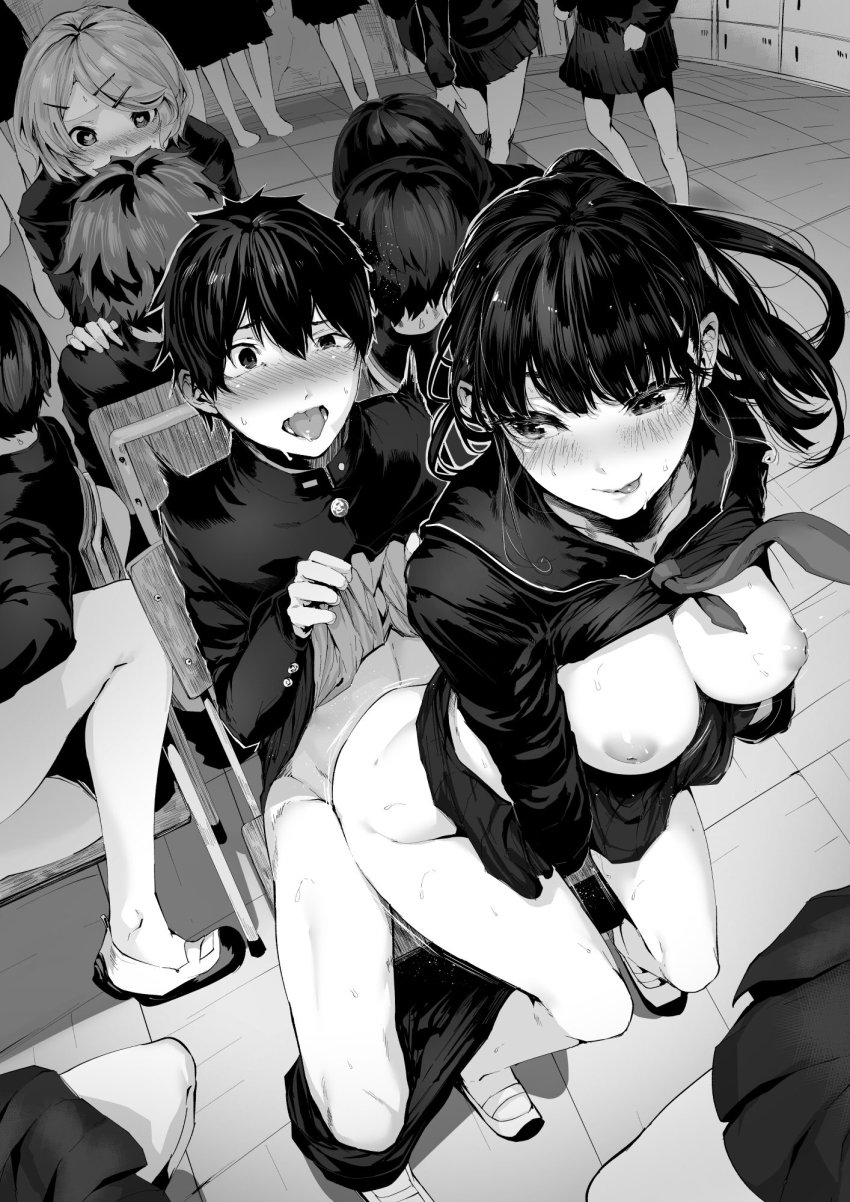 4boys 6+girls :p assertive_female blush botan_mochito change_in_common_sense classroom clothed_sex clothes_lift clothes_pull functionally_nude gakuran greyscale group_sex hair_ornament hairclip heart heart-shaped_pupils heart_in_eye hetero high_ponytail highres inverted_nipples licking_lips lifting_own_clothes long_hair looking_at_another monochrome multiple_boys multiple_girls musical_chairs nipples open_mouth original pants pants_pull ponytail reverse_upright_straddle school_uniform serafuku sex sex_from_behind shirt_lift shoes sitting skirt skirt_lift straddling sweat symbol-shaped_pupils symbol_in_eye tongue tongue_out torogao upright_straddle uwabaki
