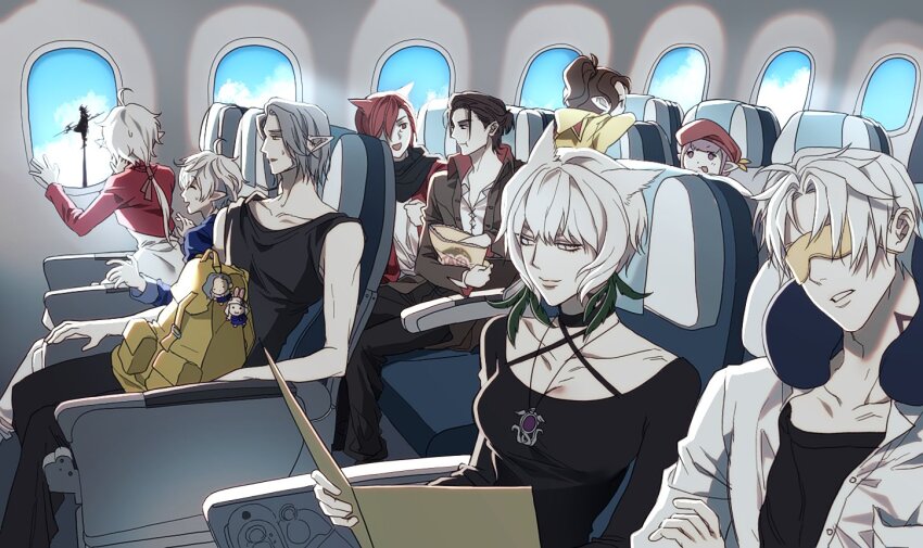 4girls 5boys adventurer_(ff14) aircraft airplane alisaie_leveilleur alphinaud_leveilleur animal_ears archon_mark backpack bag black_choker book cat_ears choker covered_eyes day elezen elf final_fantasy final_fantasy_xiv from_side g&#039;raha_tia group_picture holding holding_book krile_baldesion_(ff14) miqo&#039;te multiple_boys multiple_girls neck_tattoo pointy_ears short_hair sitting sleep_mask tataru_taru tattoo thancred_waters urianger_augurelt warrior_of_light_(ff14) white_eyes white_hair window y&#039;shtola_rhul yietwiu