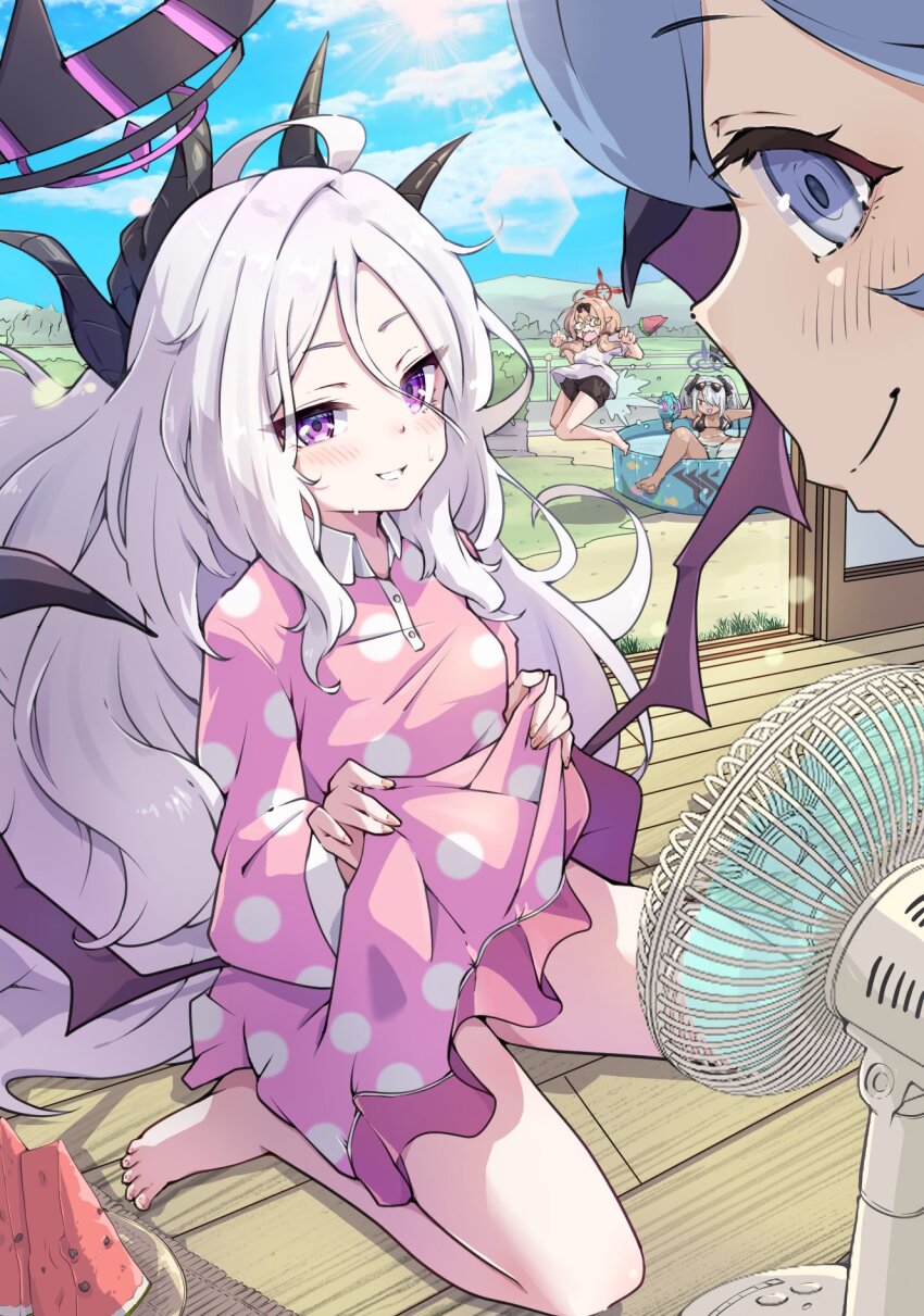 4girls ahoge ako_(blue_archive) black_halo blue_archive blue_eyes blue_hair breasts chinatsu_(blue_archive) dark-skinned_female dark_skin demon_girl demon_horns demon_wings food fruit glasses grey_hair halo highres hina_(blue_archive) hina_(pajamas)_(blue_archive) horns iori_(blue_archive) iori_(swimsuit)_(blue_archive) long_hair looking_at_viewer mosuke1221 multiple_girls outdoors pool prefect_team_(blue_archive) purple_eyes purple_halo red_halo small_breasts summer twintails watermelon white_hair wings