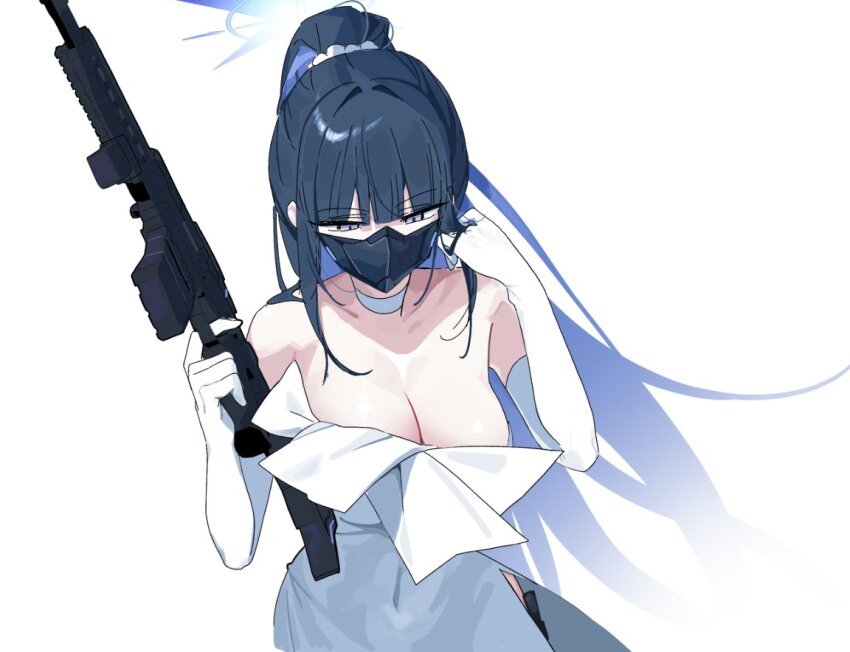alternate_costume assault_rifle blue_archive blue_hair blue_halo blunt_bangs breasts cleavage dandandanholo dress gloves gun halo holding holding_gun holding_weapon mask multicolored_hair official_alternate_costume rifle saori_(blue_archive) saori_(dress)_(blue_archive) sig_516 sig_sauer simple_background two-tone_hair weapon white_background white_dress white_gloves