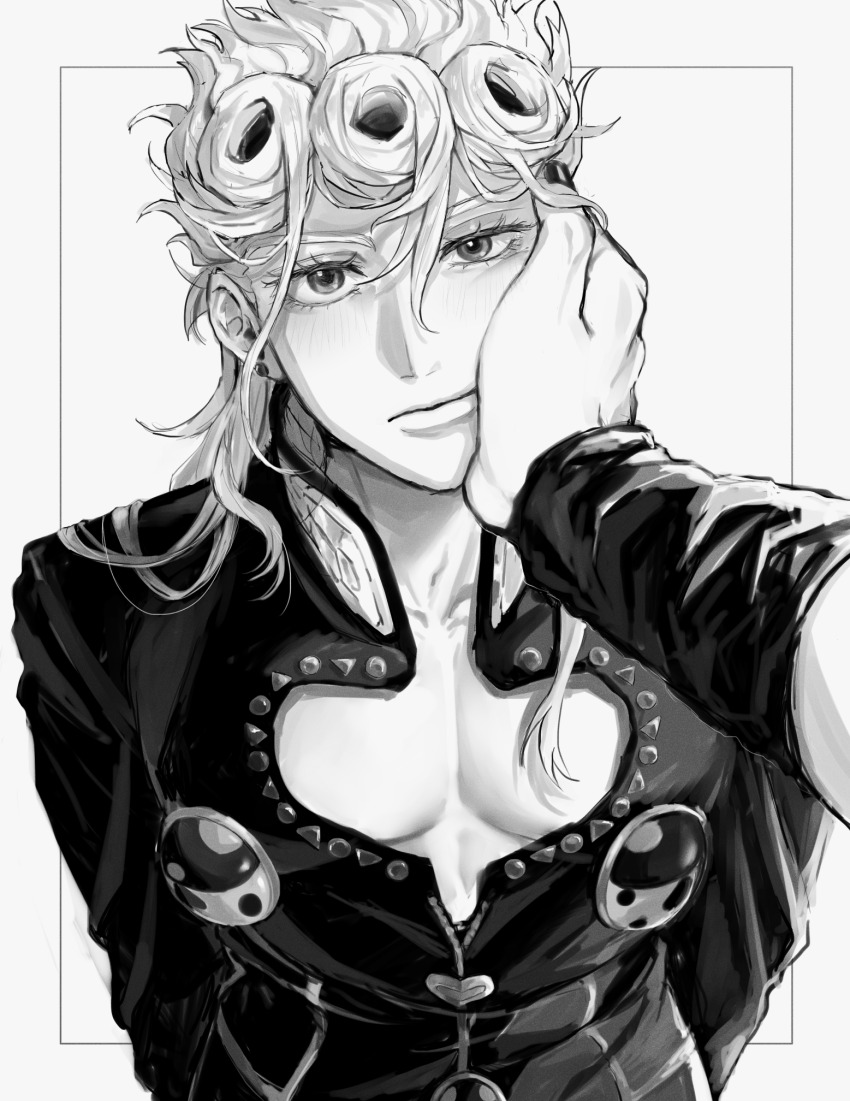 2boys blush braid cleavage_cutout closed_mouth clothing_cutout dio_brando earrings father_and_son giorno_giovanna greyscale hand_on_another&#039;s_cheek hand_on_another&#039;s_face highres jacket jewelry jojo_no_kimyou_na_bouken komiya_harumoto ladybug_brooch long_hair long_sleeves looking_at_viewer male_focus monochrome multiple_boys pectoral_cleavage pectorals pov pov_hands stardust_crusaders time_paradox vento_aureo victory_rolls wing_ornament wristband yaoi