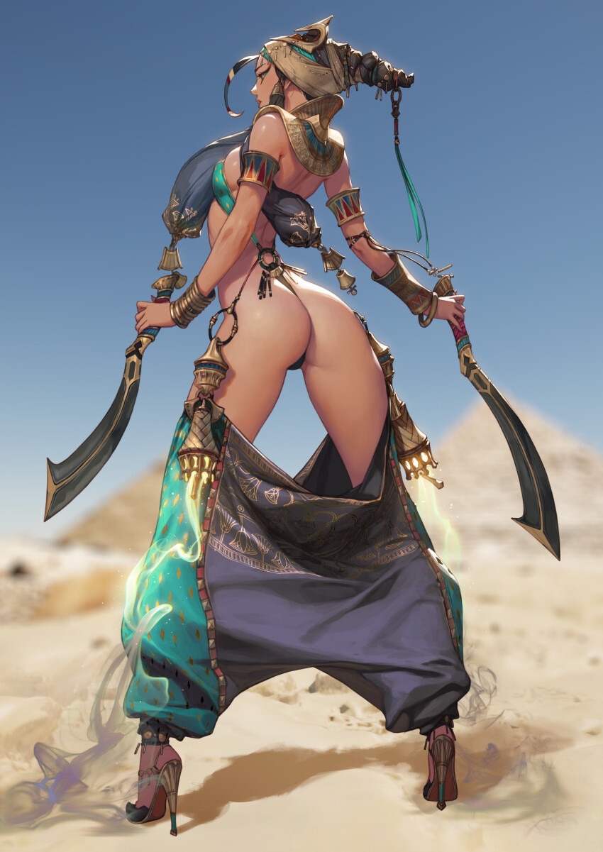 1girl absurdres ankh ass black_hair blue_sky blurry blurry_background bracelet breasts clear_sky closed_mouth commentary crazyred dark-skinned_female dark_skin day desert dual_wielding english_commentary eyeliner from_behind green_eyeliner green_eyes hair_ornament high_heels highres holding holding_sword holding_weapon jewelry legs_apart looking_at_viewer makeup making-of_available medium_breasts o-ring original outdoors profile pyramid_(structure) red_eyeliner revealing_clothes sand sideways_glance sky smoke solo standing sword textless_version thong usekh_collar weapon