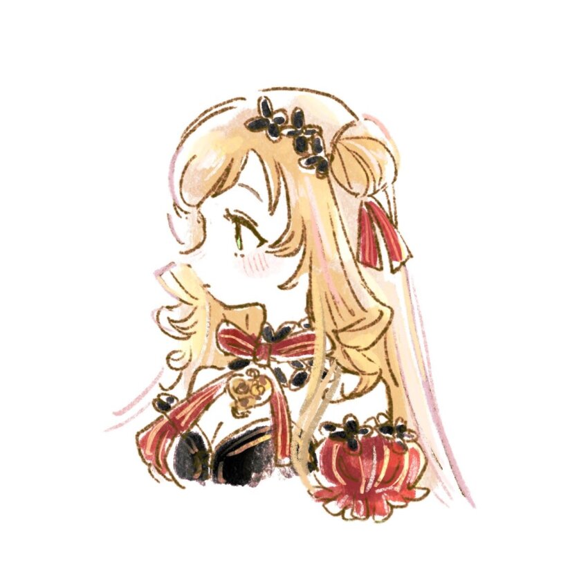 1girl black_choker black_dress blonde_hair blush bow breasts choker cleavage detached_sleeves dress expressionless green_eyes hair_bun hair_ribbon kurumission long_hair looking_ahead medium_breasts nijisanji nijisanji_kr red_bow red_ribbon ribbon seffyna simple_background single_side_bun sketch solo strapless strapless_dress virtual_youtuber white_background
