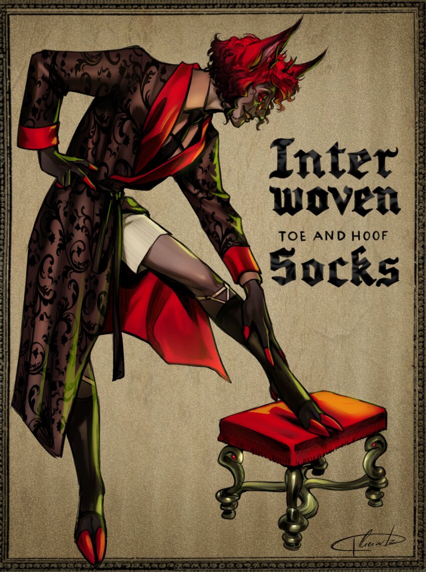 1boy 4lienbrainrot absurdres alastor_(hazbin_hotel) animal_ears antlers artist_name black_border black_hair black_lips black_necktie black_skin black_socks border brown_robe brown_shirt collared_shirt colored_sclera colored_skin deer_antlers deer_boy deer_ears demon demon_boy demon_horns english_text eyeshadow feet_on_chair floral_print formal_clothes from_side full_body gradient_hair grin hand_on_own_hip hand_on_own_leg hazbin_hotel highres hooves horns kneehighs legwear_garter looking_down makeup male_focus monocle multicolored_hair necktie red_eyes red_eyeshadow red_hair red_nails red_robe red_sclera robe sharp_teeth shirt sidelocks signature smile socks solo teeth two-tone_hair two-tone_robe wavy_hair yellow_teeth