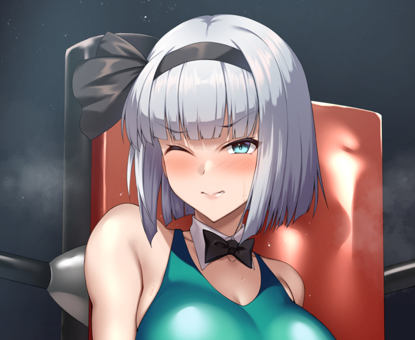 1girl alternate_breast_size black_bow black_bowtie blush bob_cut bow bowtie breasts cleavage green_eyes green_one-piece_swimsuit grey_hair half-closed_eyes headband indoors kaeru_no_uta konpaku_youmu large_breasts one-piece_swimsuit short_hair solo swimsuit touhou touhou_tag_dream wrestling_outfit wrestling_ring