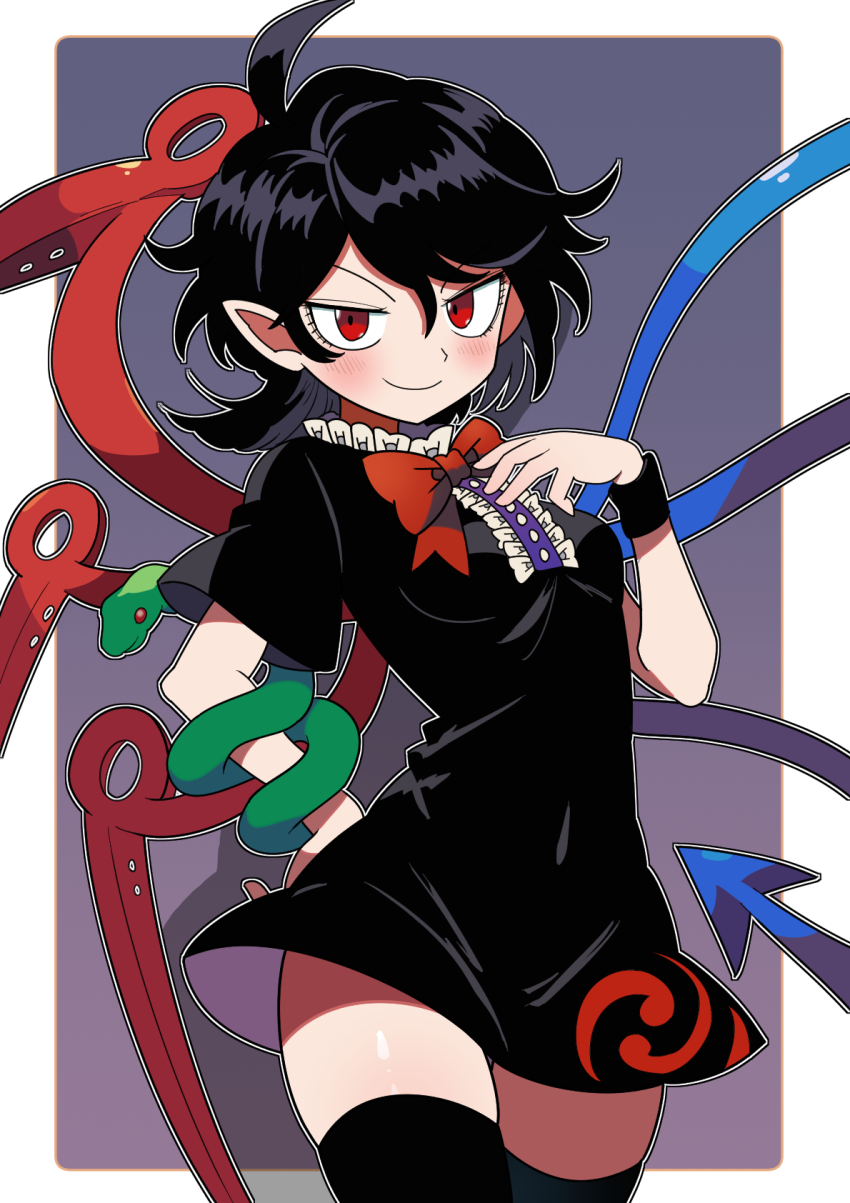 1girl asymmetrical_wings black_dress black_hair black_thighhighs bollzzalguy breasts cowboy_shot dress frilled_shirt_collar frills hand_on_own_hip highres houjuu_nue looking_at_viewer microdress pointy_ears red_eyes short_hair simple_background skirt small_breasts smirk snake solo thighhighs thighs touhou undefined_fantastic_object wings zettai_ryouiki