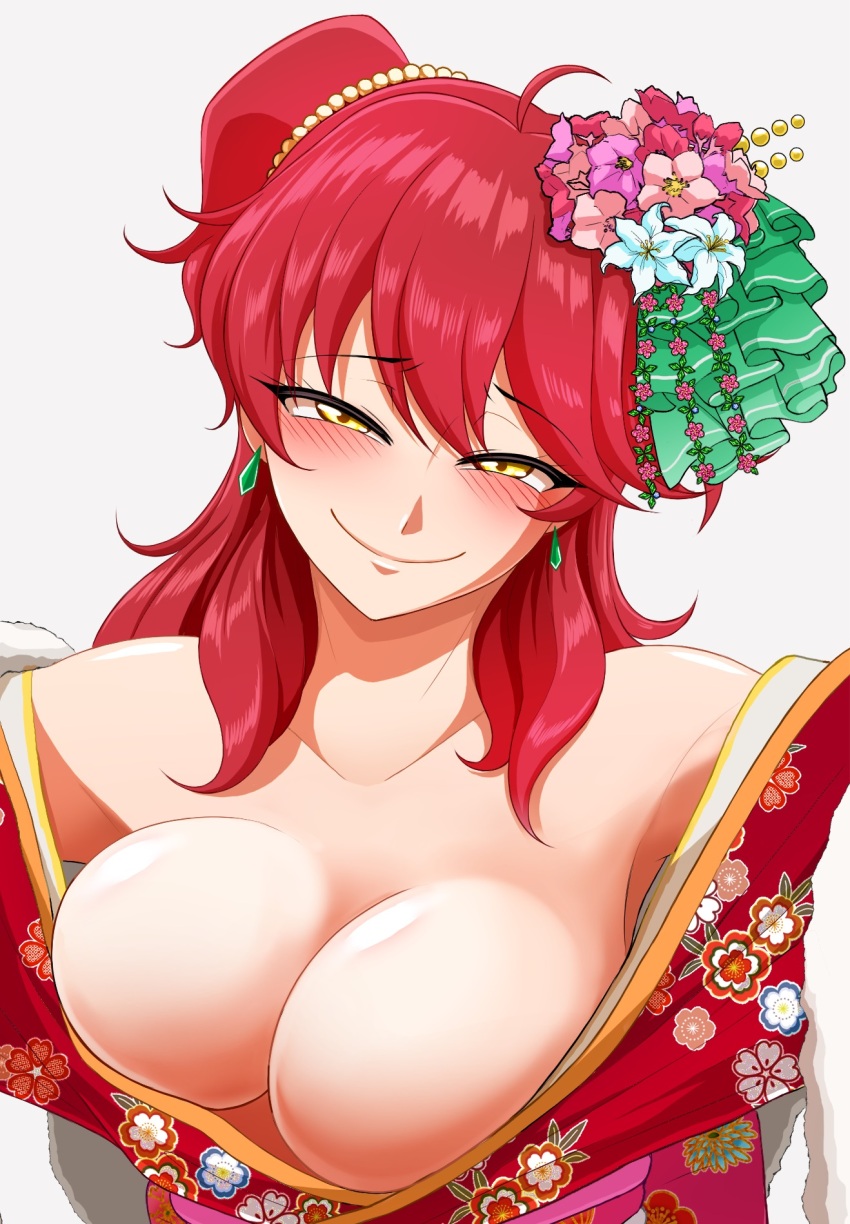 1girl blush breasts cleavage earrings floral_print flower gundam gundam_00 hair_flower hair_ornament hair_ribbon head_tilt highres japanese_clothes jewelry kimono kyamuu large_breasts nena_trinity off_shoulder print_kimono red_kimono ribbon smile solo upper_body