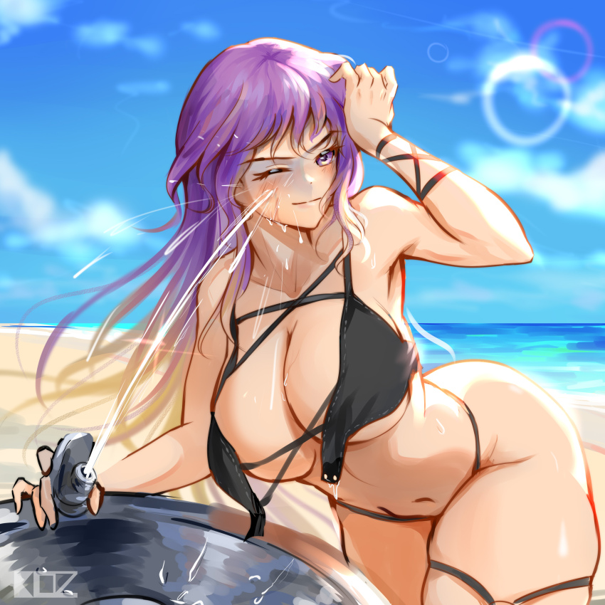 1girl absurdres beach bikini black_bikini blonde_hair breasts collarbone cross-laced_clothes drinking_fountain edz_drawz gradient_hair highres hijiri_byakuren large_breasts long_hair midriff multicolored_hair navel one_eye_closed purple_hair solo swimsuit thick_thighs thighs touhou wide_hips yellow_eyes